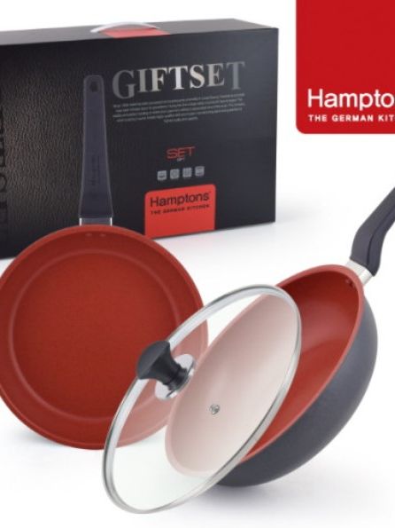 [햄튼] 레드매직 인덕션 후라이팬2종세트3P(HTR-28F28W28G) 28CM(원형팬)+28CM(궁중팬)+28CM(유리뚜껑)