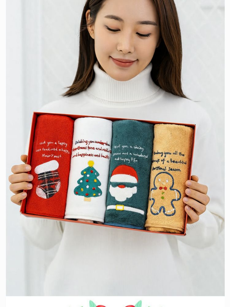 해피 극세사 x-mas 타올 4P 선물세트 (고급쇼핑백 포함)