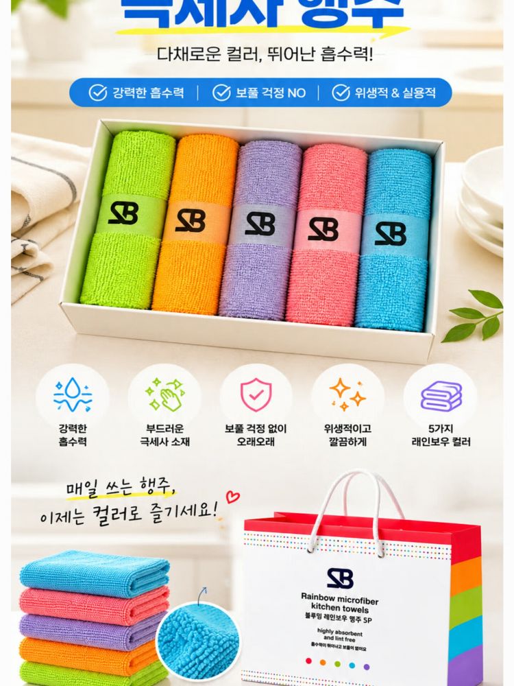 레인보우 5P 극세사 주방행주 선물세트