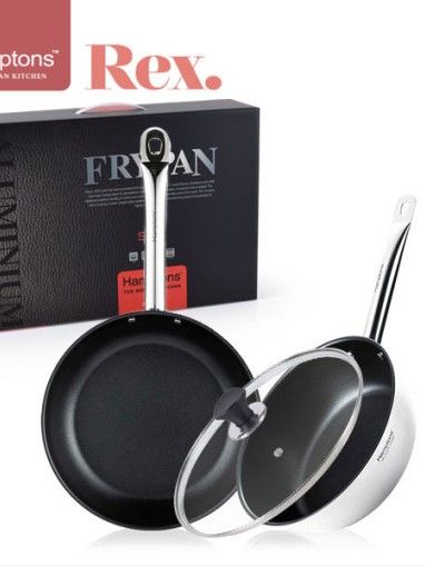 [햄튼] 렉스 스텐 인덕션 코팅 후라이팬2종세트(3P)-A 26CM(원형팬)+24CM(셰프팬)+24CM(유리뚜껑)