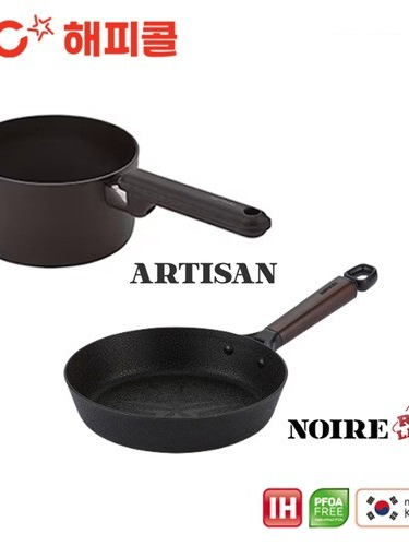 [해피콜] 누아르 레드라벨 IH 프라이팬 22cm (통우드핸들) + 아티젠 IH 밀크팟 16cm 2종세트 (HCNAR-003)