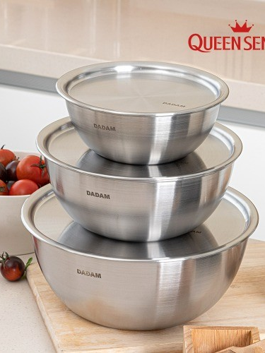 [퀸센스] 다담 스텐레스 믹싱볼 3종 6p세트 (스텐커버포함, 대26cm+중22cm+소18cm +뚜껑3개)
