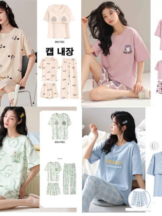 여성 잠옷 3종 세트구성 캐릭터 캡 장착 빅사이즈 파자마 홈웨어 캐릭터 봄 가을