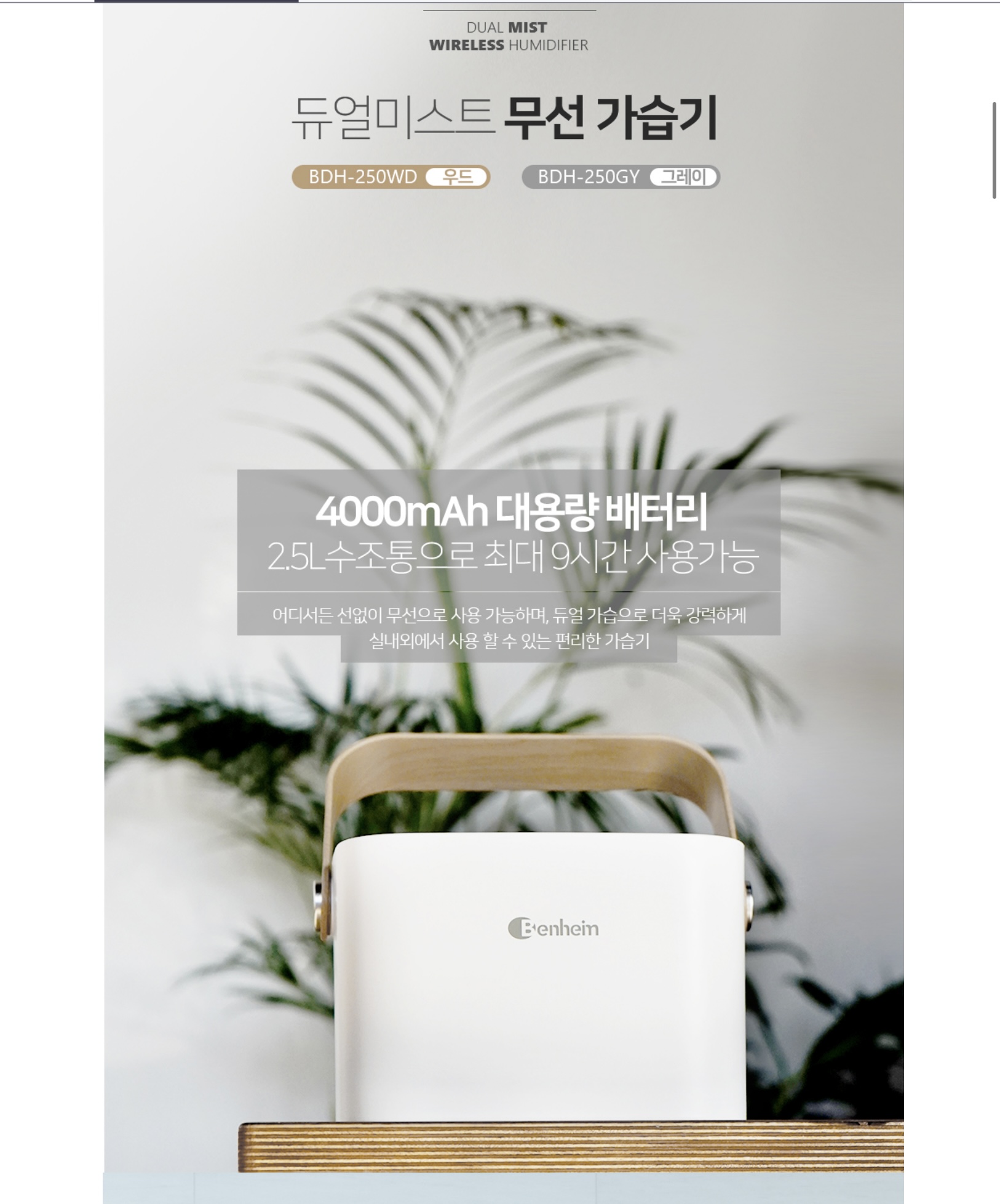 상품코드 : BE005 [벤하임] 듀얼미스트 무선 가습기 (BDH-250)