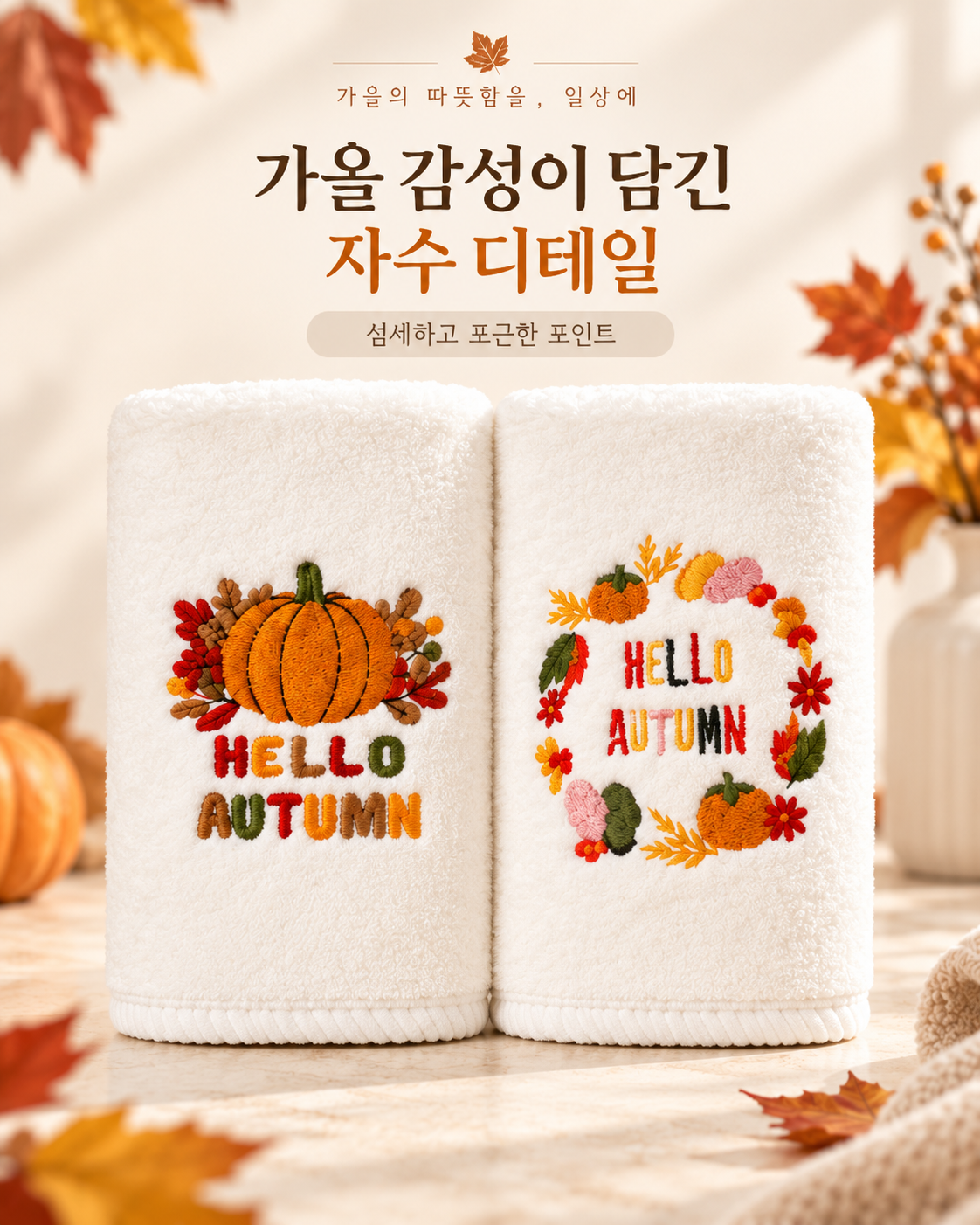 상품코드: HAS086 가을 자수 극세사 타올 2P 선물세트