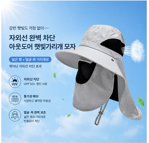 상품코드 : DU009 여름 필수! 자외선 완벽 차단 아웃도어 햇빛가리개 모자 공동구매