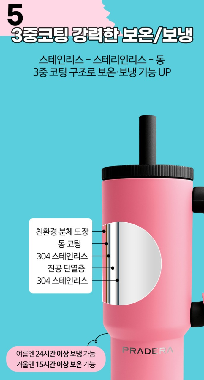 프라데라 보온보냉 손잡이 빨대 텀블러 1.2L