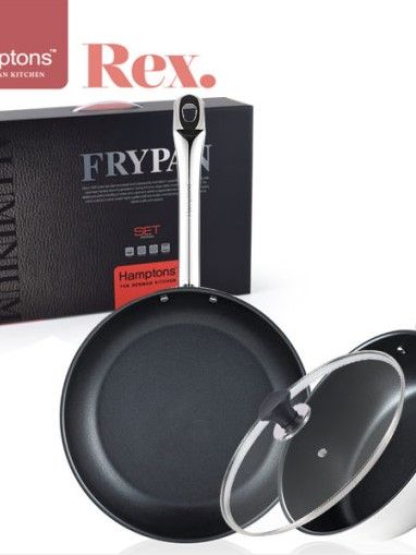 [햄튼] 렉스 스텐 인덕션 코팅 후라이팬2종세트(3P)-B 28CM(원형팬)+24CM(셰프팬)+24CM(유리뚜껑)