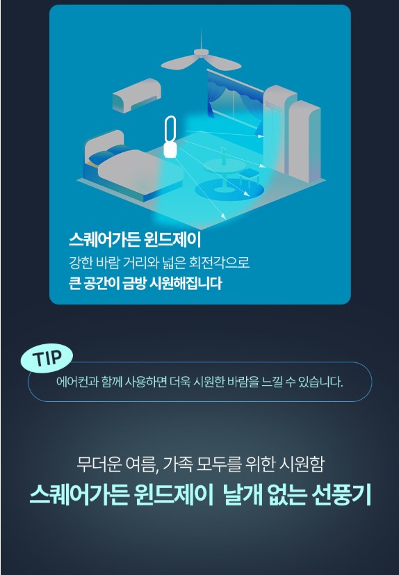 상품코드 : J626 [스퀘어가든] 에어큐 날개 없는 선풍기 (SQ-T5002)