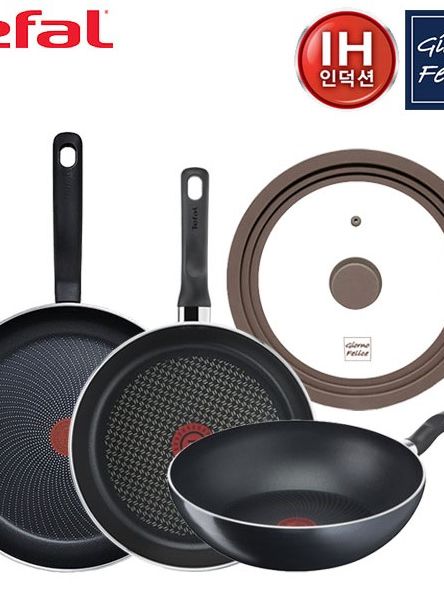 [테팔] IH 초콜릿 프라이팬 28cm+퍼펙트 쿠킹 다크 IH 프라이팬 30cm+멀티팬 28cm+[죠르노펠리체] 실리콘 멀티 유리 뚜껑 M