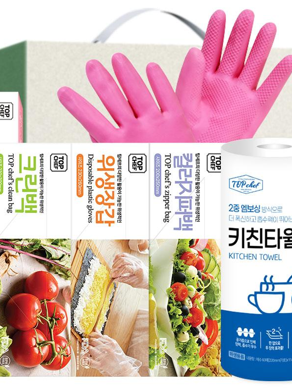 상품코드 : UB059 고무장갑32cm 롤백100매 크린백3종 키친타올(6종)대 (낱개발주용)